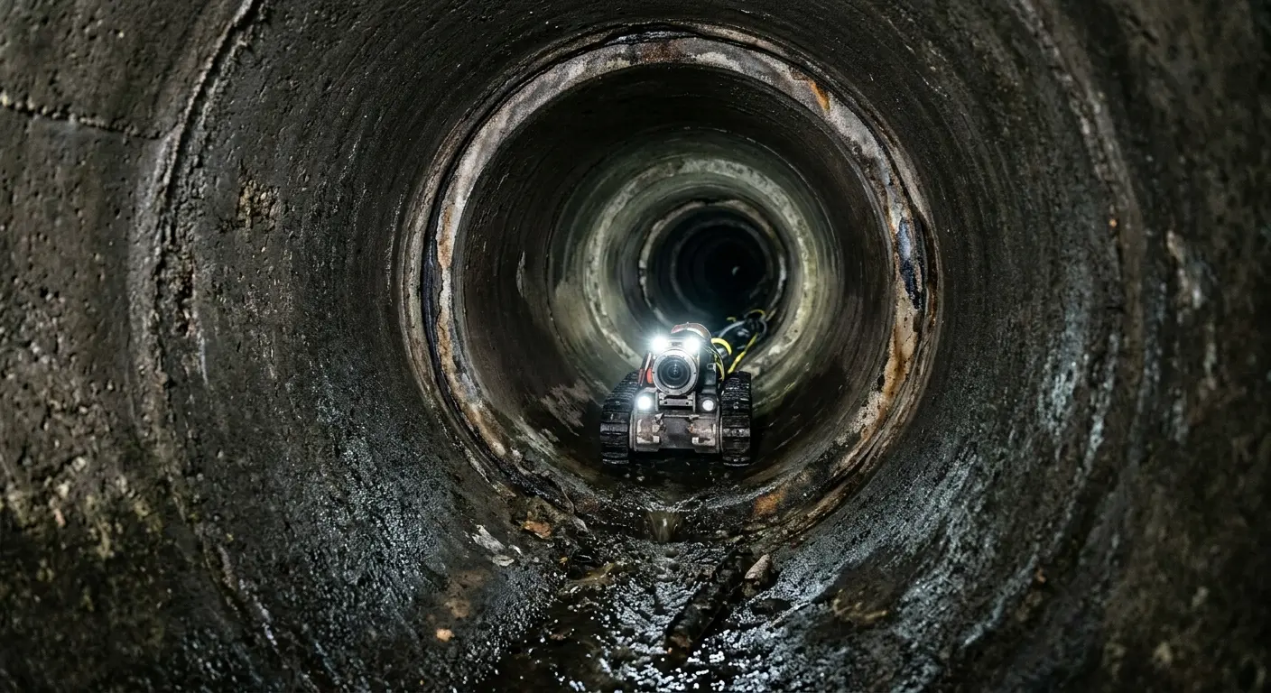 Robotic sewer camera inspecting pipe interior for Sewer Line Cleaning in Champion Heights