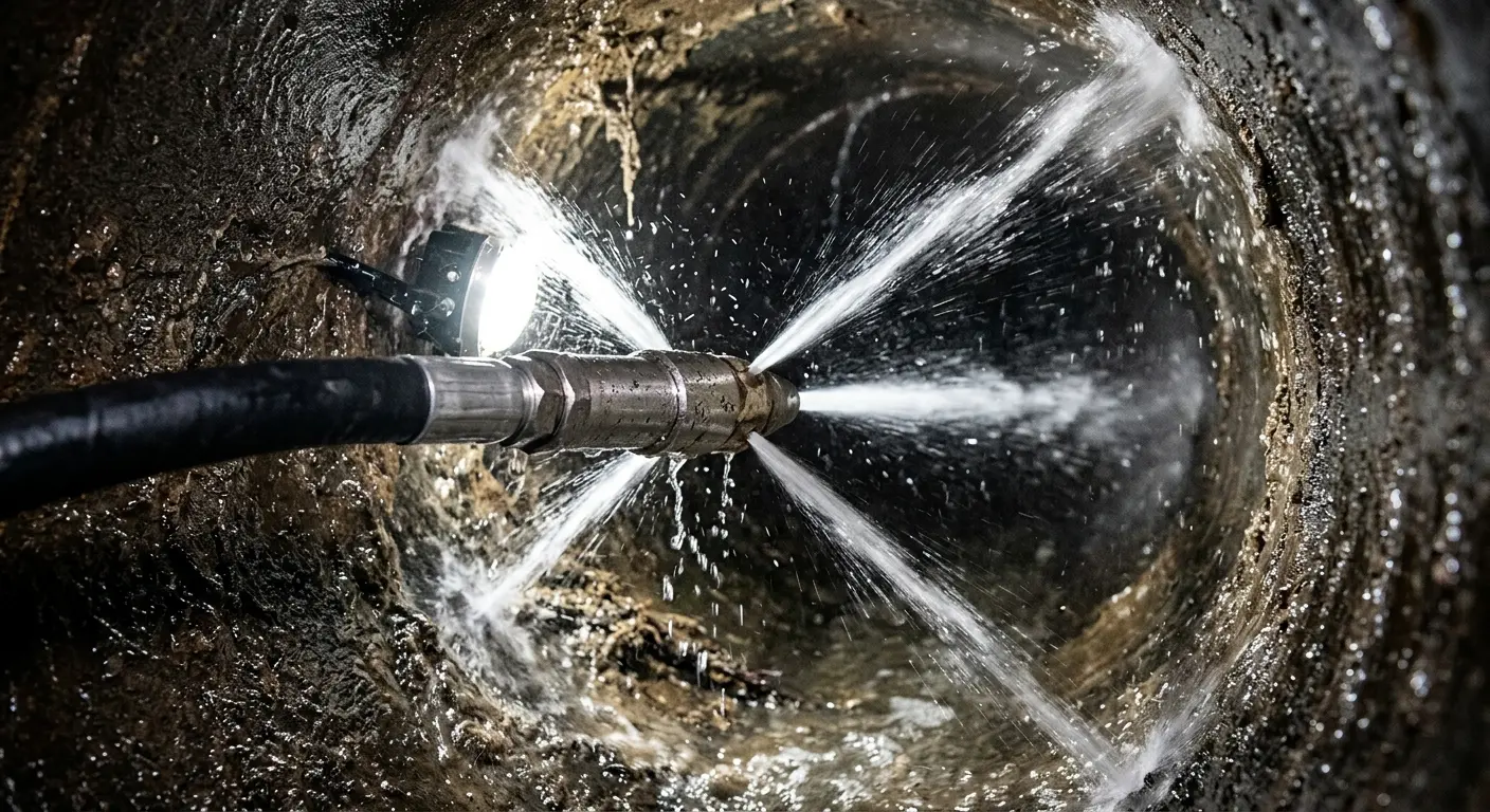 High-pressure hydro jetting nozzle cleaning sewer pipe for Trenchless Sewer Repair in Champion Heights