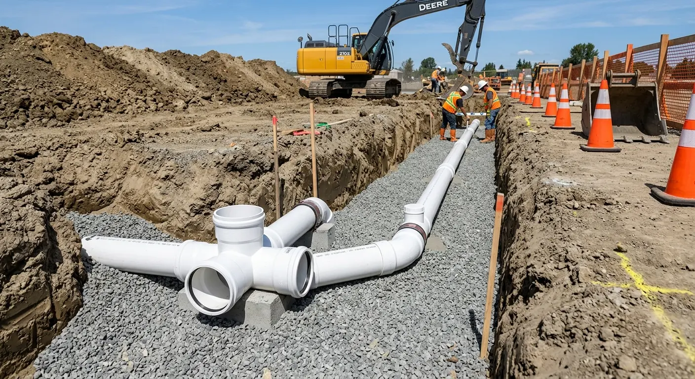 New PVC sewer pipe installation in open trench for Commercial Drain Cleaning in Champion Heights